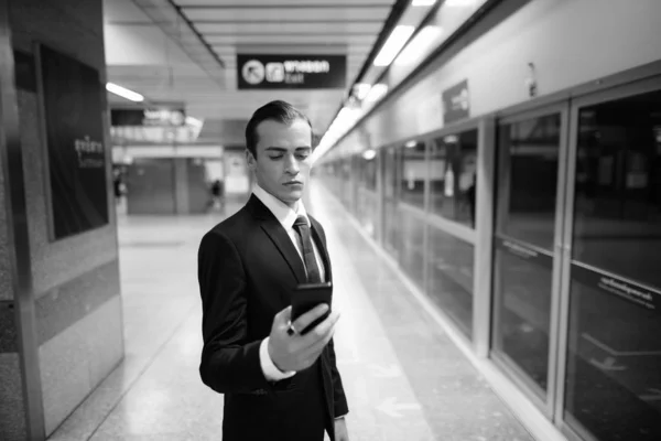 Portrait Young Handsome Businessman Suit Exploring City Bangkok Black White — Stock Photo, Image