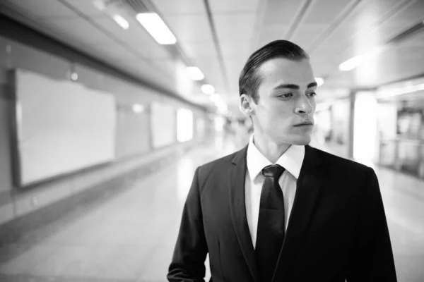 Portrait Young Handsome Businessman Suit Exploring City Bangkok Black White — Stock Photo, Image