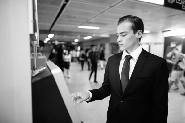 Portrait Young Handsome Businessman Suit Exploring City Bangkok Black White — Stock Photo, Image