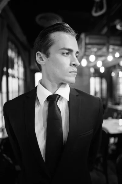 Portrait Young Handsome Businessman Suit Exploring City Bangkok Black White — Stock Photo, Image