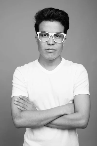 Studio Shot Young Asian Man Gray Background Black White — Stock Photo, Image
