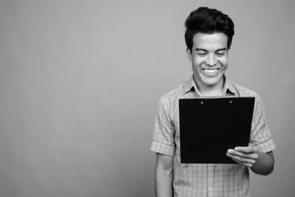 Studio Shot Young Asian Businessman Gray Background Black White — Stock Photo, Image