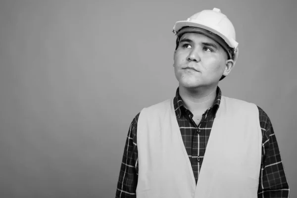 Studio Shot Young Asian Man Construction Worker Gray Background Black — Stock Photo, Image