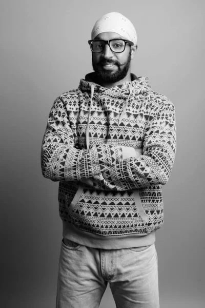 Studio Shot Young Handsome Bearded Indian Man Wearing Eyeglasses Gray — Stockfoto