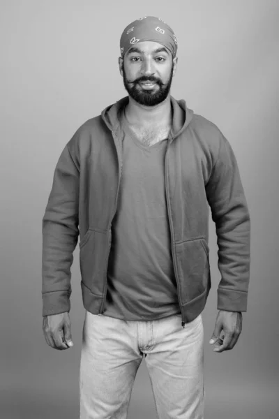 Studio Shot Young Handsome Bearded Indian Man Gray Background Black — Stock Photo, Image