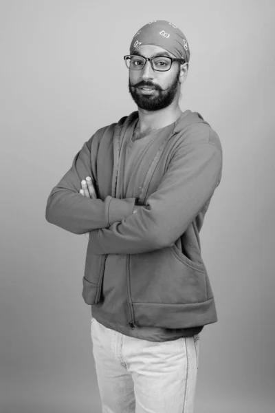 Studio Shot Young Handsome Bearded Indian Man Wearing Eyeglasses Gray — Stok Foto