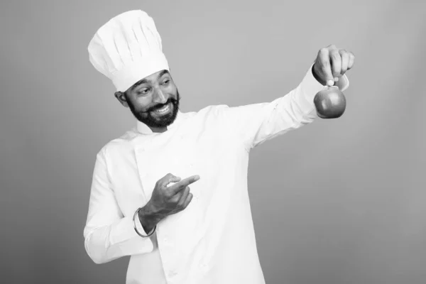 Studio Shot Young Handsome Bearded Indian Man Chef Gray Background —  Fotos de Stock