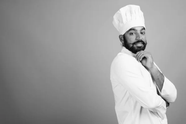Studio Shot Young Handsome Bearded Indian Man Chef Gray Background —  Fotos de Stock