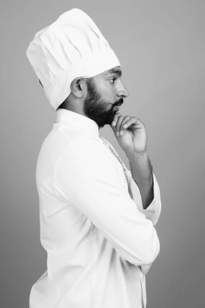 Studio Shot Young Handsome Bearded Indian Man Chef Gray Background —  Fotos de Stock