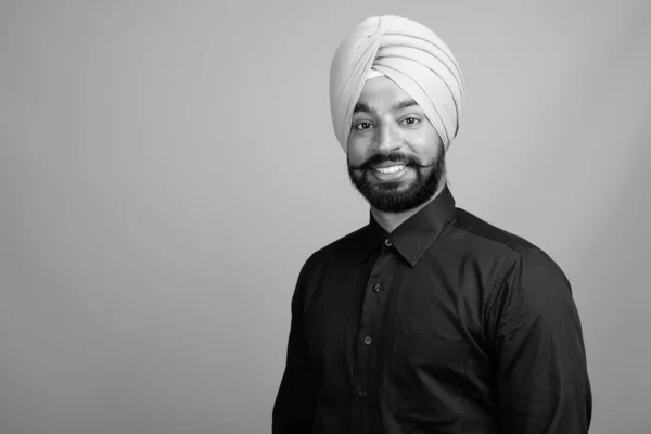 Studio Shot Young Bearded Indian Sikh Businessman Turban Gray Background — Photo