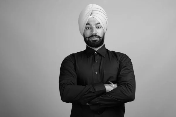 Studio Shot Young Bearded Indian Sikh Businessman Turban Gray Background — Foto Stock