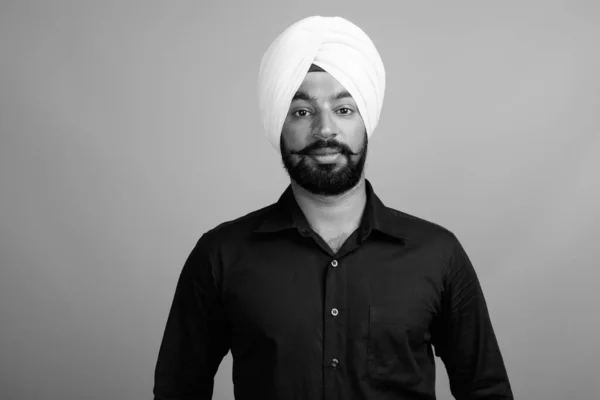 Studio Shot Young Bearded Indian Sikh Businessman Turban Gray Background — 스톡 사진