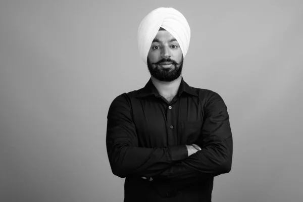 Studio Shot Young Bearded Indian Sikh Businessman Turban Gray Background — Foto Stock