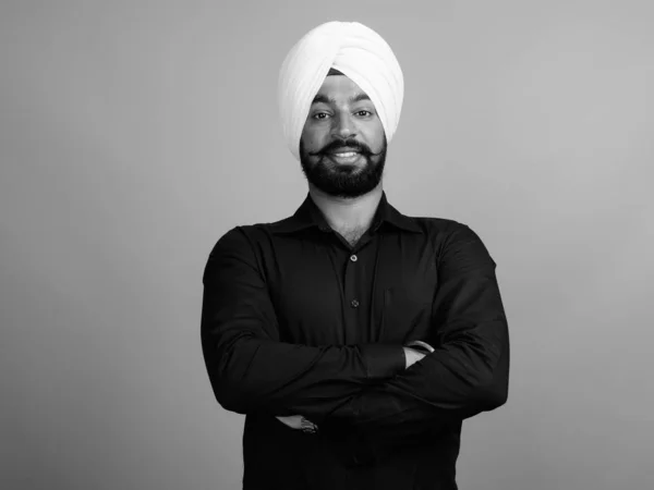 Studio Shot Young Bearded Indian Sikh Businessman Turban Gray Background — 스톡 사진