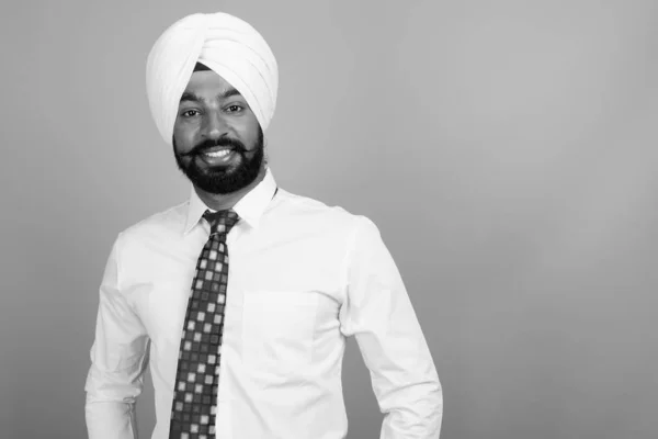 Studio Shot Young Bearded Indian Sikh Businessman Turban Gray Background — 图库照片