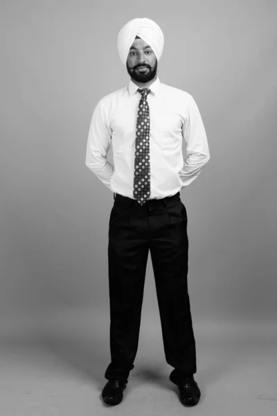 Studio Shot Young Bearded Indian Sikh Businessman Turban Gray Background — Photo