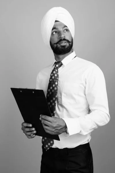 Studio Shot Young Bearded Indian Sikh Businessman Turban Gray Background — Photo