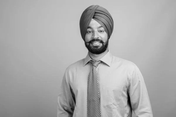 Studio Shot Young Bearded Indian Sikh Businessman Turban Gray Background — Photo