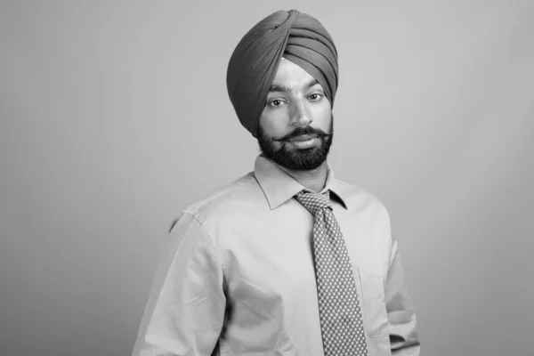 Studio Shot Young Bearded Indian Sikh Businessman Turban Gray Background — Stockfoto