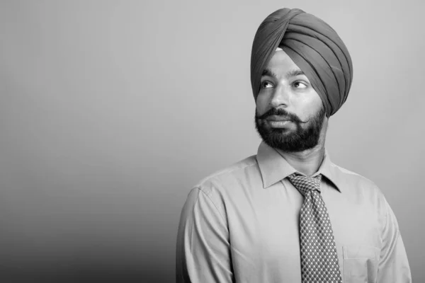 Studio Shot Young Bearded Indian Sikh Businessman Turban Gray Background — Photo