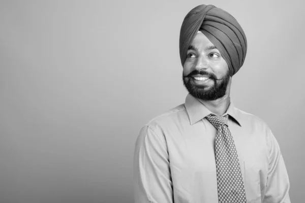 Studio Shot Young Bearded Indian Sikh Businessman Turban Gray Background — Photo