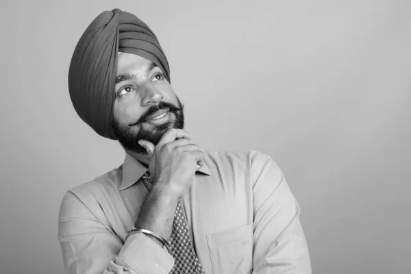 Studio Shot Young Bearded Indian Sikh Businessman Turban Gray Background — Foto Stock