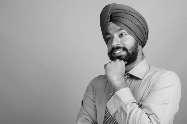 Studio Shot Young Bearded Indian Sikh Businessman Turban Gray Background — Stock Fotó