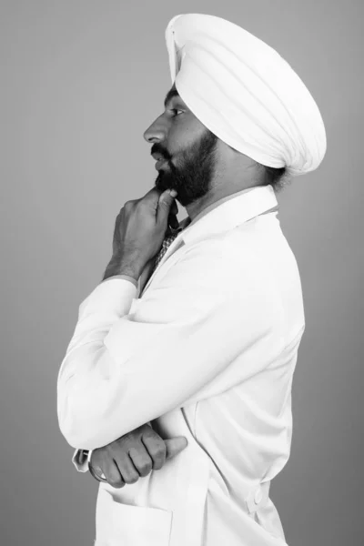 Studio Shot Young Handsome Bearded Indian Sikh Man Doctor Gray — Photo