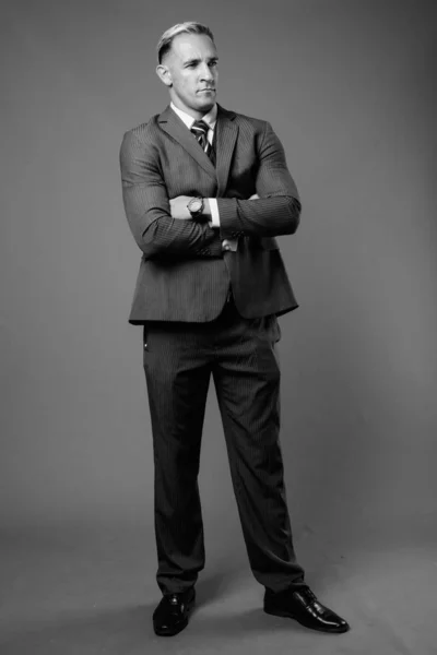 Studio Shot Businessman Suit Gray Background Black White — Stock Photo, Image