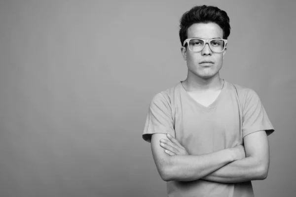 Studio Shot Young Asian Man Gray Background Black White — Stock Photo, Image