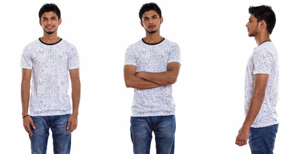 Collage Eines Jungen Gutaussehenden Indischen Mannes Isoliert Vor Weißem Hintergrund — Stockfoto