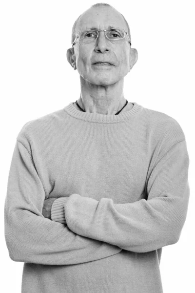 Studioaufnahme Eines Älteren Mannes Isoliert Vor Weißem Hintergrund Schwarz Weiß — Stockfoto