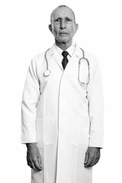 Studio Shot Senior Man Doctor Isolated White Background Black White — Stock Photo, Image