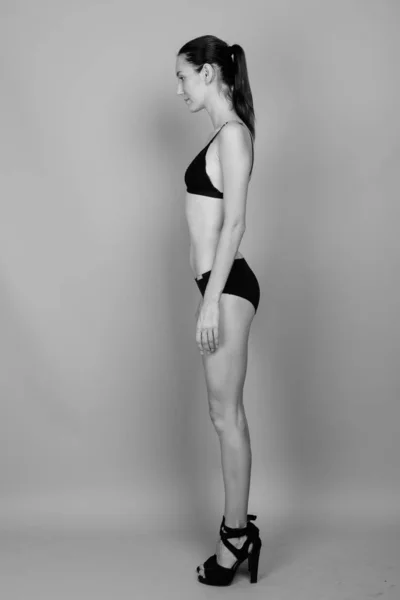 Studio Shot Young Beautiful Woman Lingerie Gray Background Black White — Stock Photo, Image