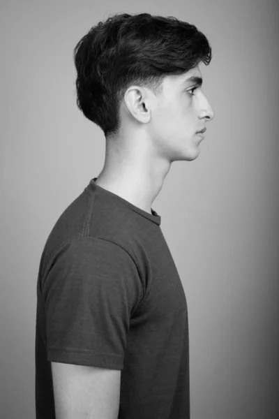 Studio Shot Young Handsome Persian Teenage Boy Gray Background Black — Stock Photo, Image