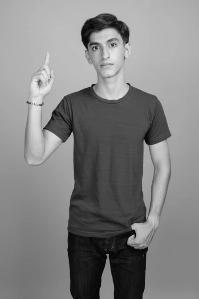 Studio Shot Young Handsome Persian Teenage Boy Gray Background Black — Stock Photo, Image