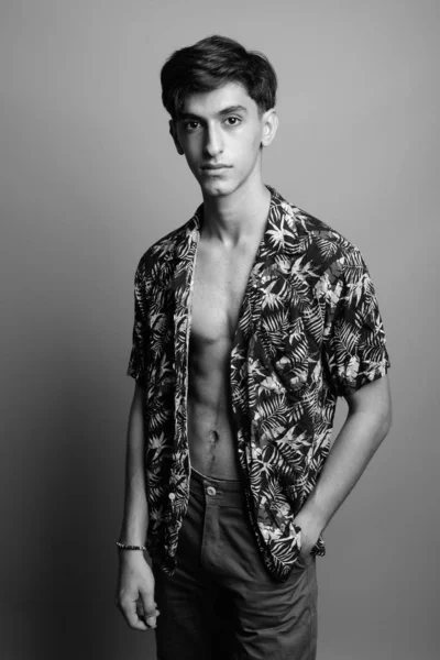 Studio Shot Young Handsome Persian Teenage Boy Gray Background Black — Stock Photo, Image