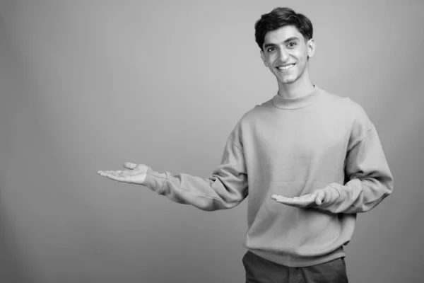 Studio Shot Young Handsome Persian Teenage Boy Gray Background Black — Stock Photo, Image