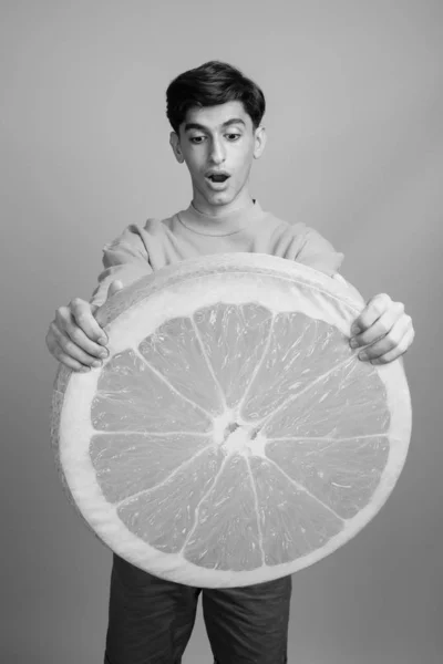 Studio Shot Young Handsome Persian Teenage Boy Gray Background Black — Stock Photo, Image