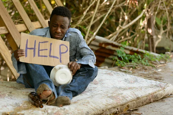 Portrait Young Homeless African Man Streets Outdoors — Fotografia de Stock