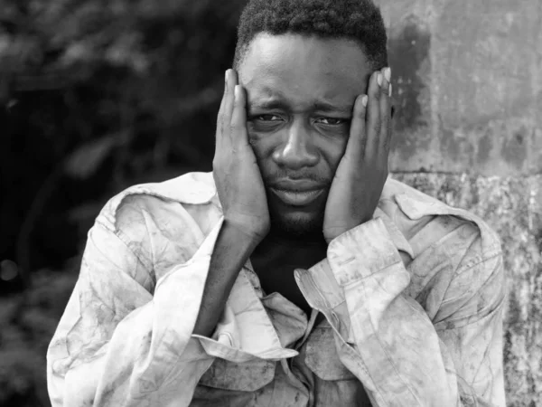 Portrait Young Homeless African Man Bridge Streets Outdoors Black White — Stock Photo, Image