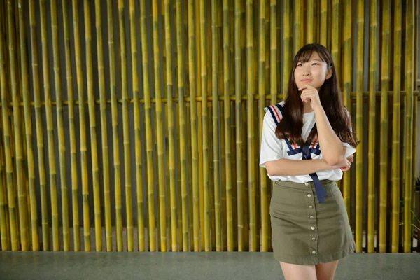 Portrait Young Beautiful Asian Teenage Girl Bamboo Fence — Stock Photo, Image