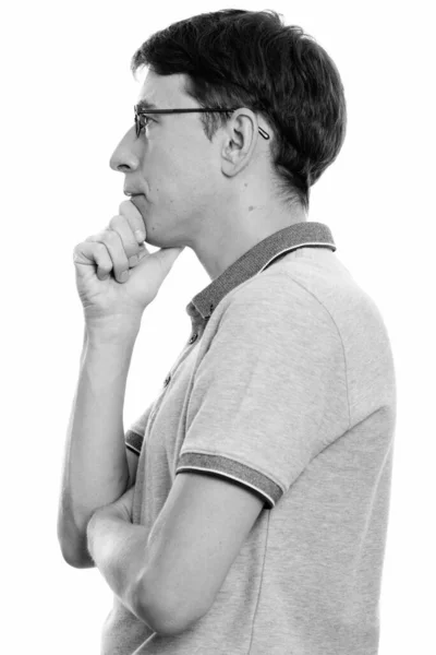 Studioaufnahme Eines Mannes Mit Brille Isoliert Vor Weißem Hintergrund Schwarz — Stockfoto
