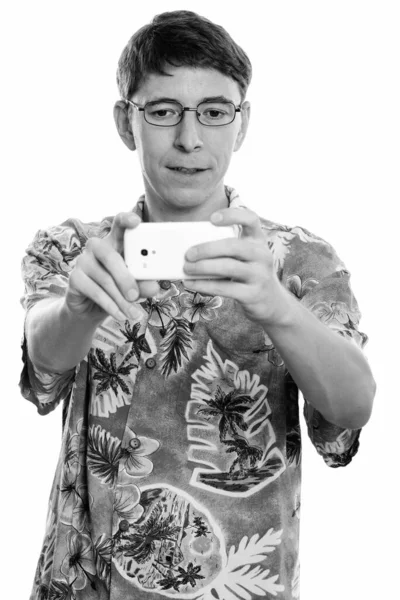 Studio Shot Tourist Man Eyeglasses Isolated White Background Black White — Stock Photo, Image