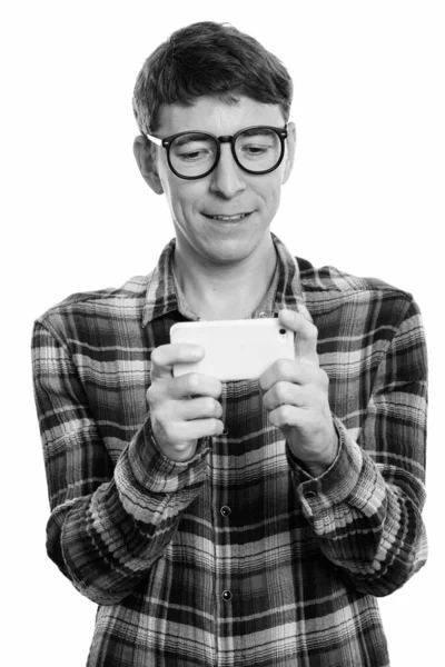 Στούντιο Πλάνο Του Hipster Άνθρωπος Γυαλιά Που Απομονώνονται Λευκό Φόντο — Φωτογραφία Αρχείου