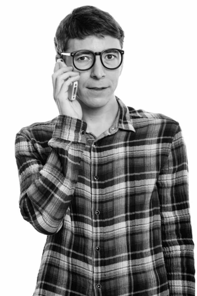 Studioaufnahme Von Hipster Mann Mit Brille Isoliert Vor Weißem Hintergrund — Stockfoto