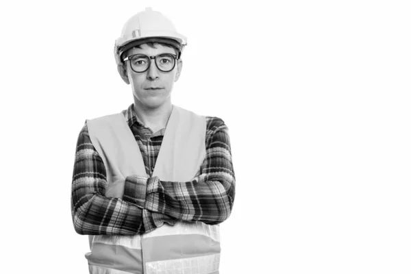 Estudio Hombre Trabajador Construcción Aislado Sobre Fondo Blanco Blanco Negro — Foto de Stock