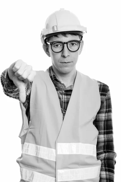 Studio Shot Man Construction Worker Isolated White Background Black White — Stock Photo, Image