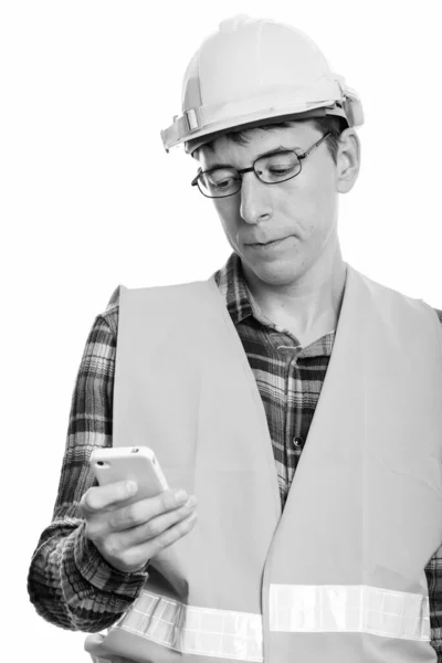 Studio Shot Man Construction Worker Isolated White Background Black White — Stock Photo, Image