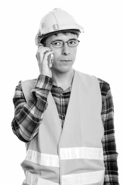 Estudio Hombre Trabajador Construcción Aislado Sobre Fondo Blanco Blanco Negro — Foto de Stock